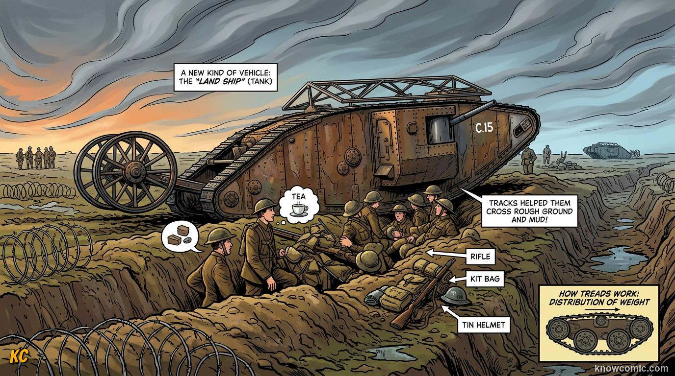 World War I battlefield with muddy trenches barbed wire and soldiers sheltering from machine guns