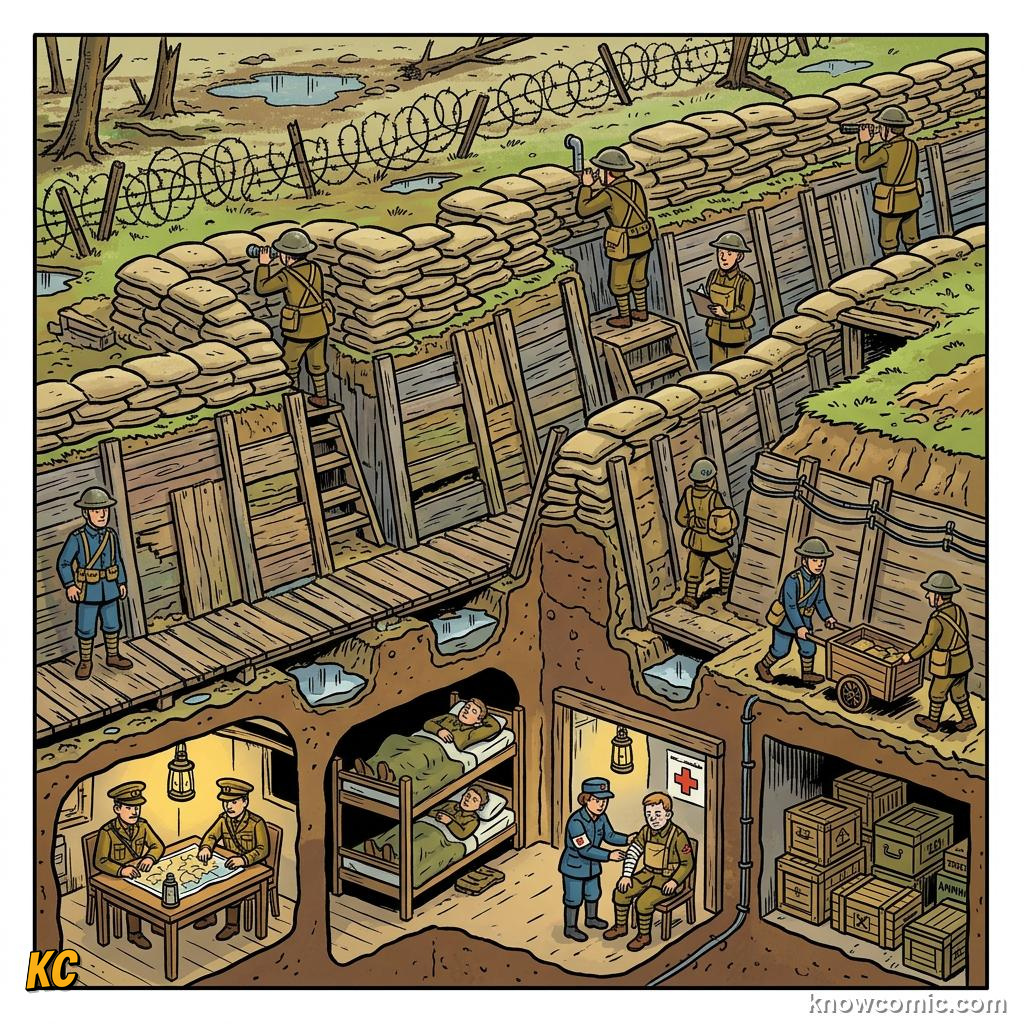 Cross-section of a WWI trench with wooden boards and sandbags