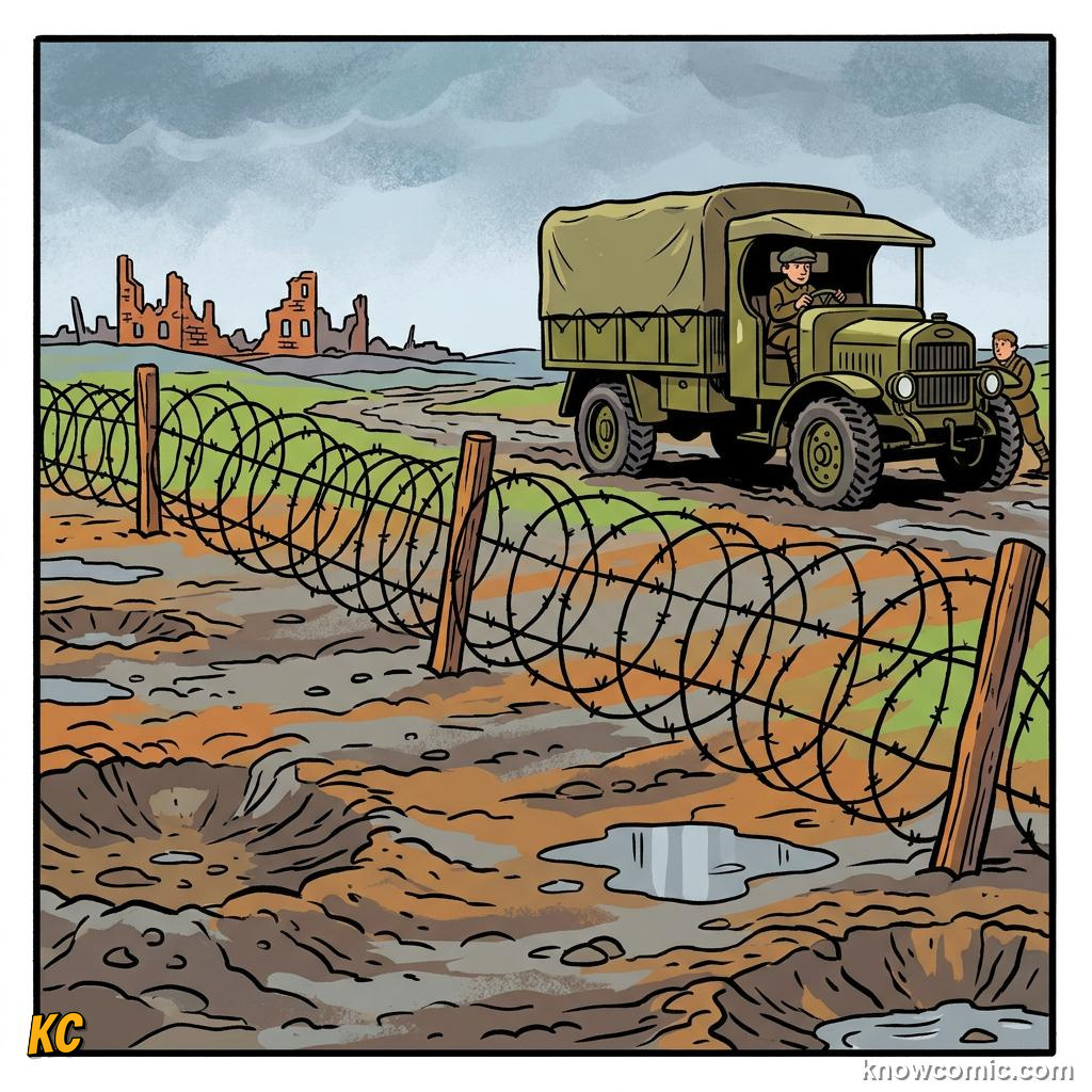 Barbed wire entanglements blocking no mans land between opposing trenches