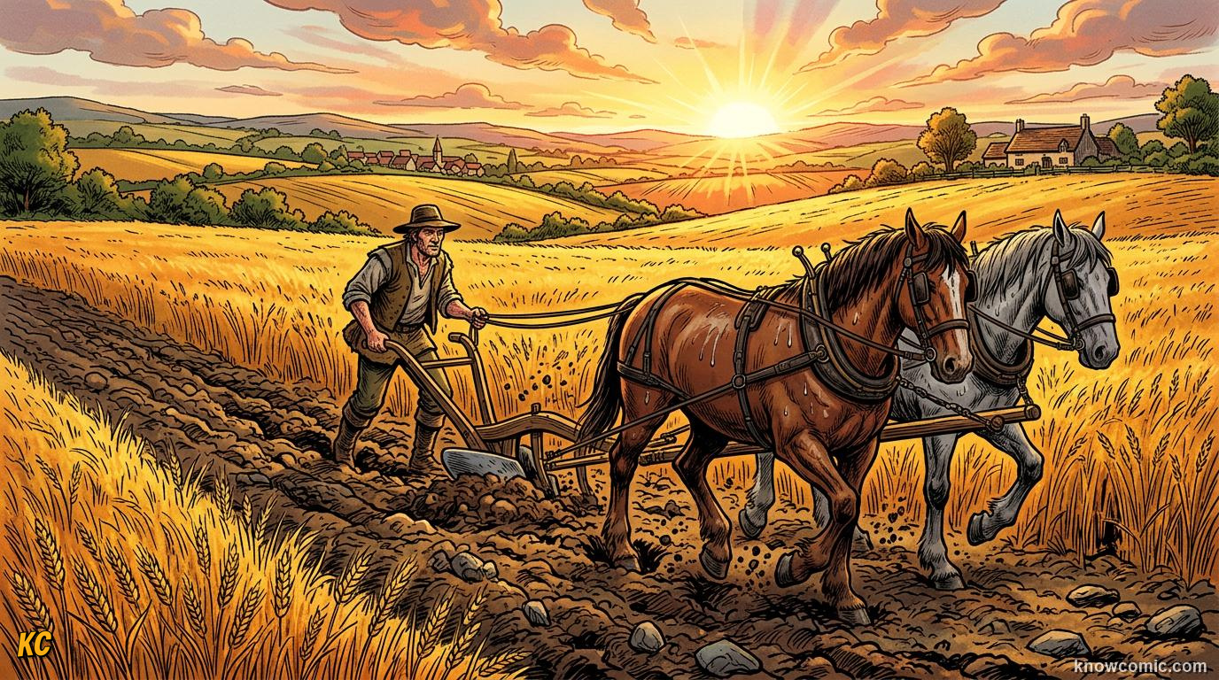 Historical farm scene with horses pulling plough and farmers working long rows by hand