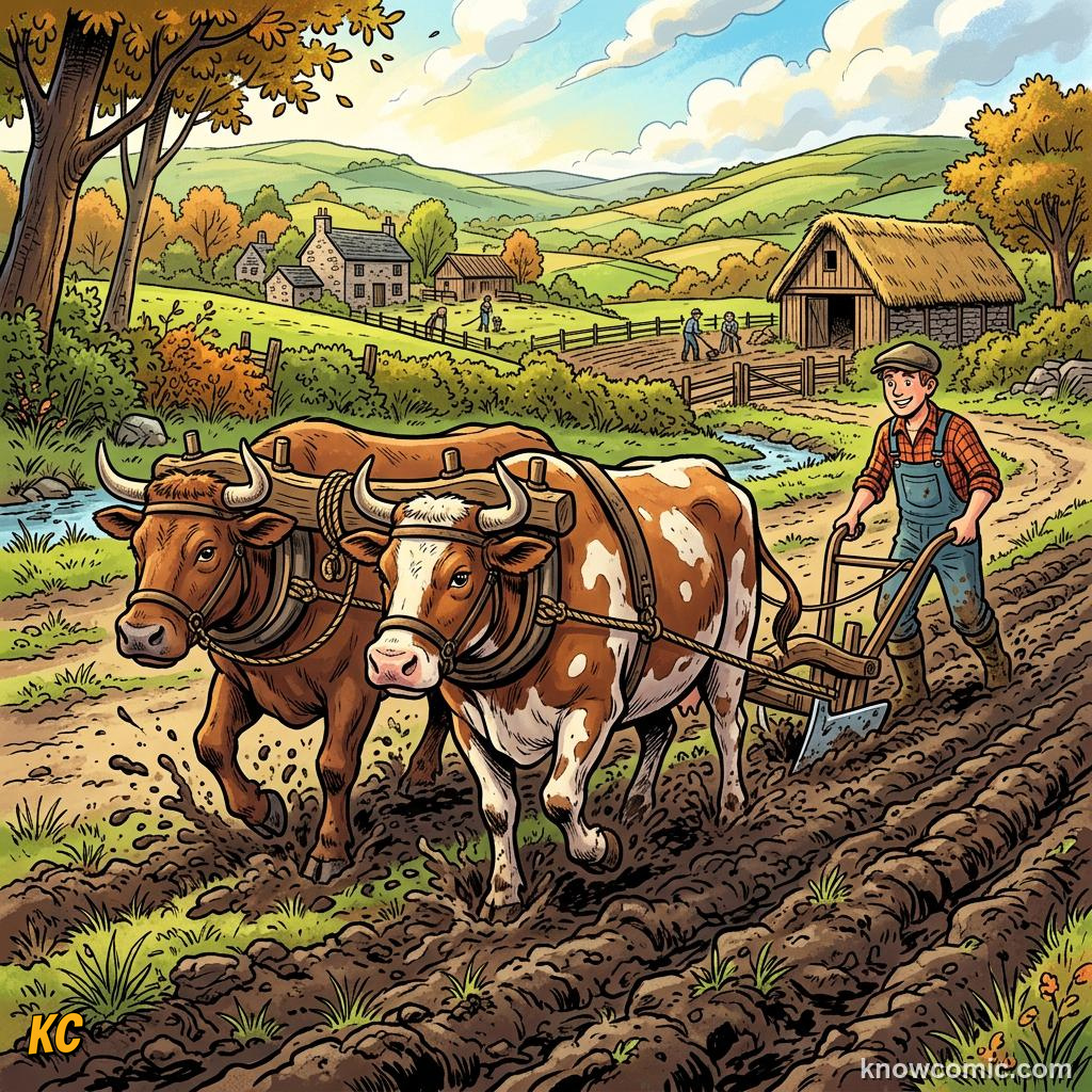 Oxen pulling a wooden plough through a field in a pre-industrial farm