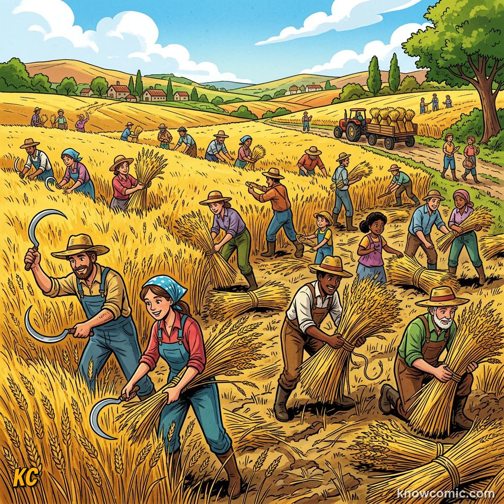 Farm workers harvesting wheat by hand with sickles in a golden field