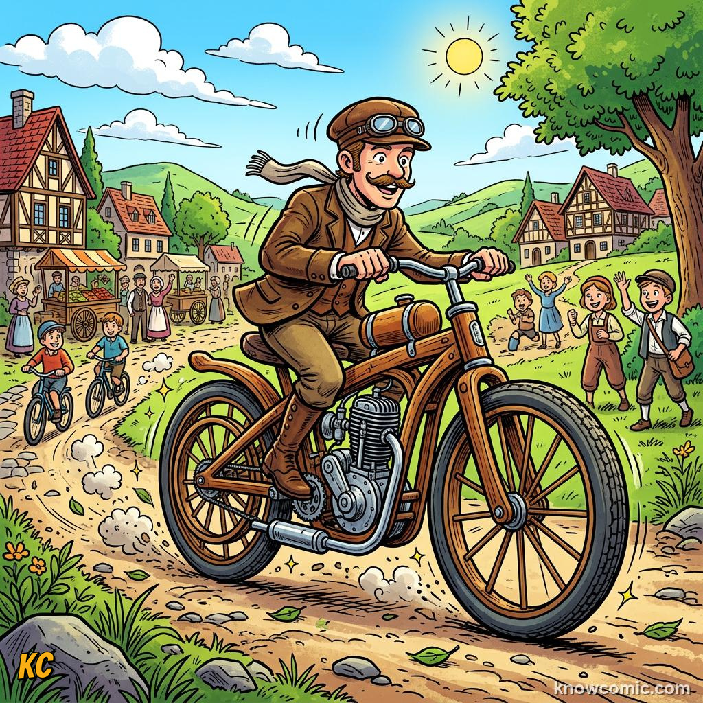 Early motorised bicycle with tiny engine and large front wheel