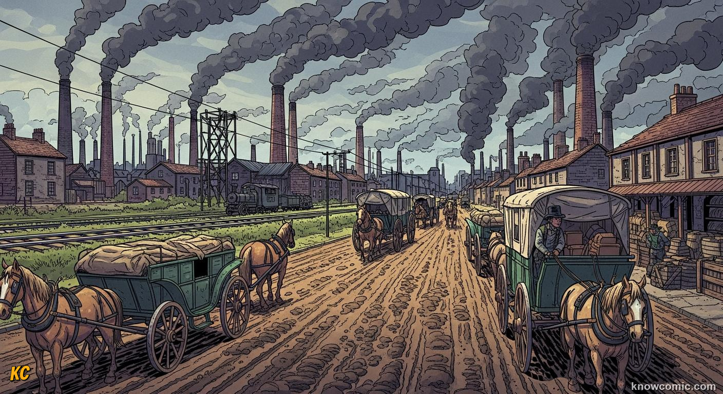 Horse-drawn stagecoach clattering along muddy roads before the railway age
