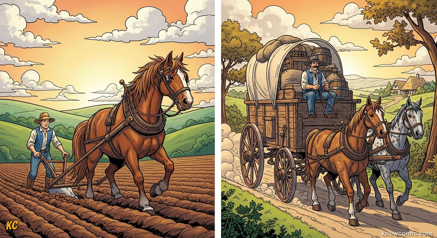 Working horses ploughing fields and pulling wagons loaded with farm produce