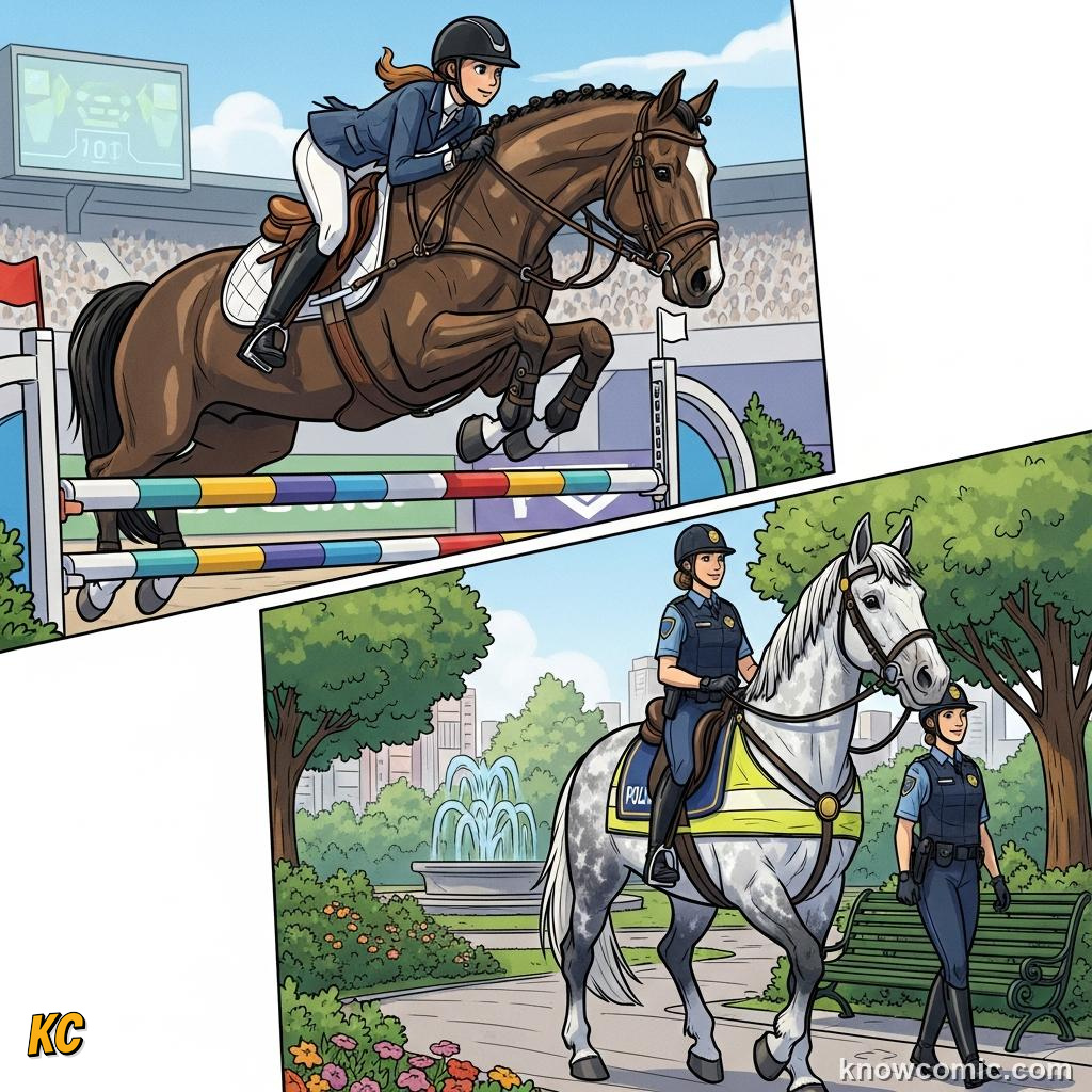 Horse and rider jumping over a fence in an Olympic equestrian competition