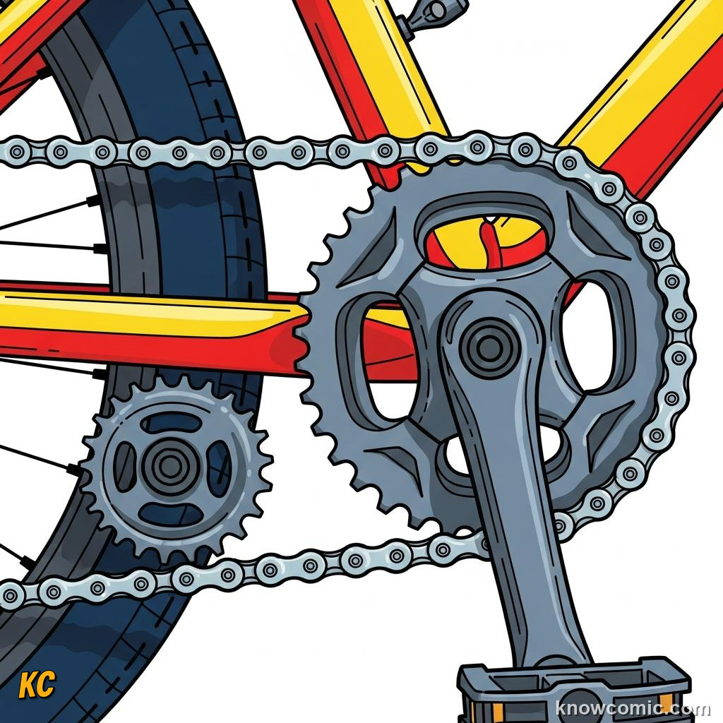 Bicycle chain linking pedal sprocket to rear wheel gear for efficient power