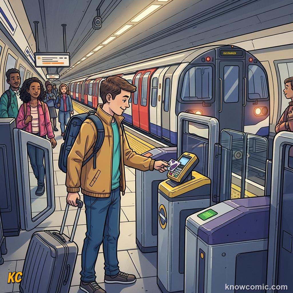 Tourist tapping contactless card at a Tube station gate trying not to grin