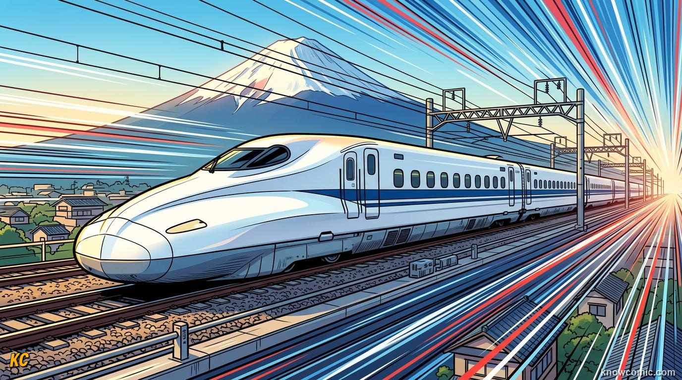 White and blue Shinkansen bullet train speeding past Mount Fuji on dedicated tracks