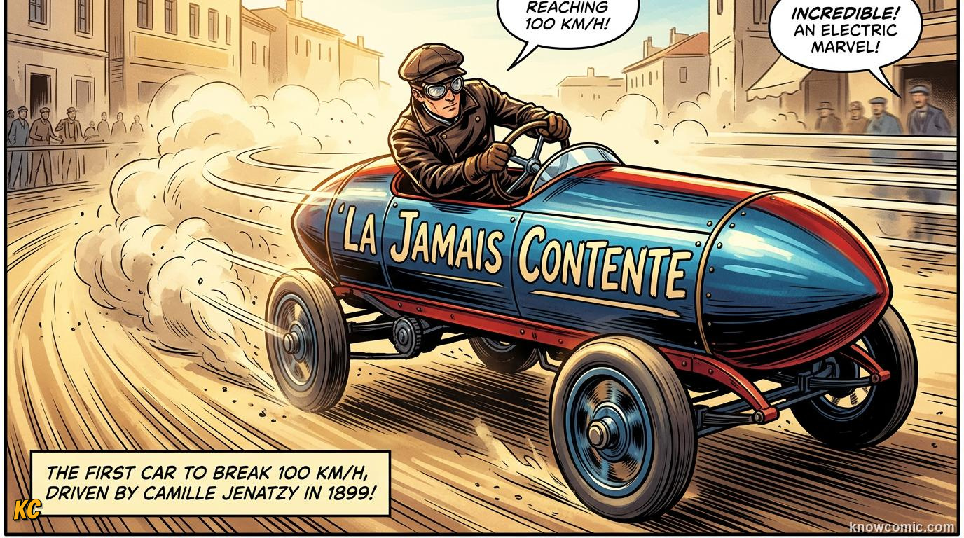 Vintage electric car La Jamais Contente with torpedo body shape on a dusty road