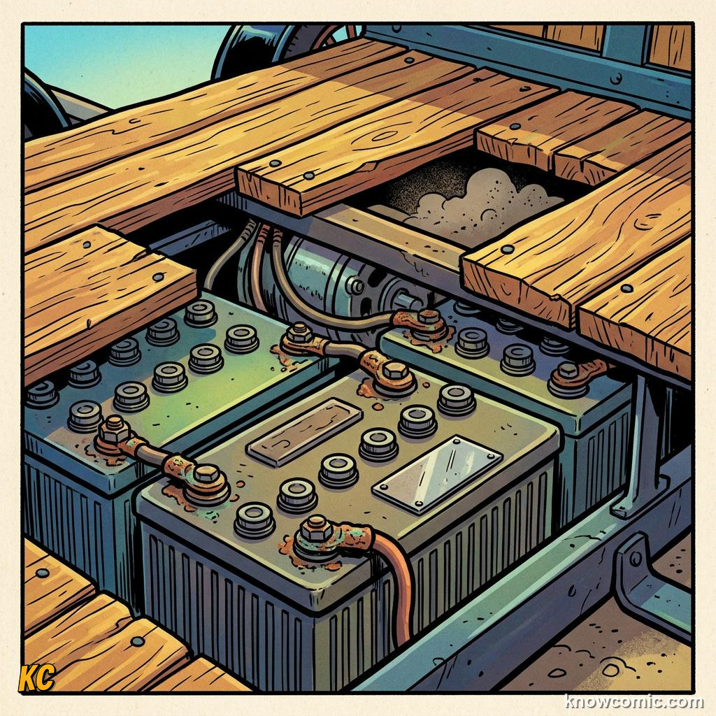 Heavy early electric car batteries under a vintage wooden body