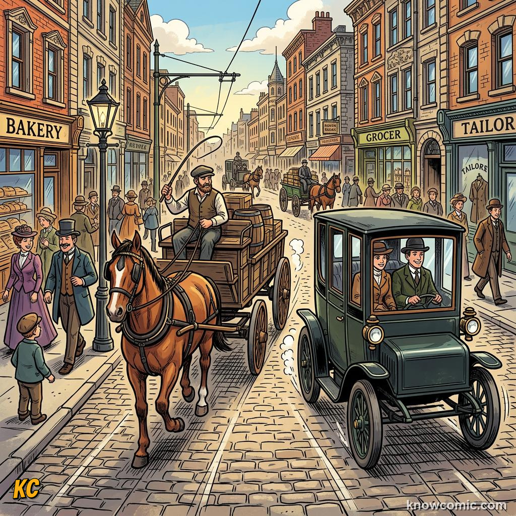 Quiet vintage electric car passing horse-drawn traffic on a city street