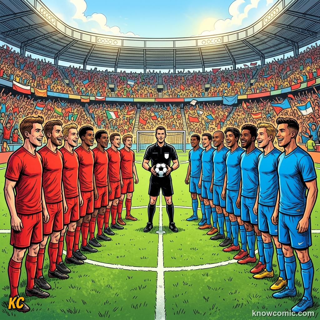 Comic panel titled welcome to the pitch, labelled the teams, from the KnowComic World Cup 2026 lesson on football 101