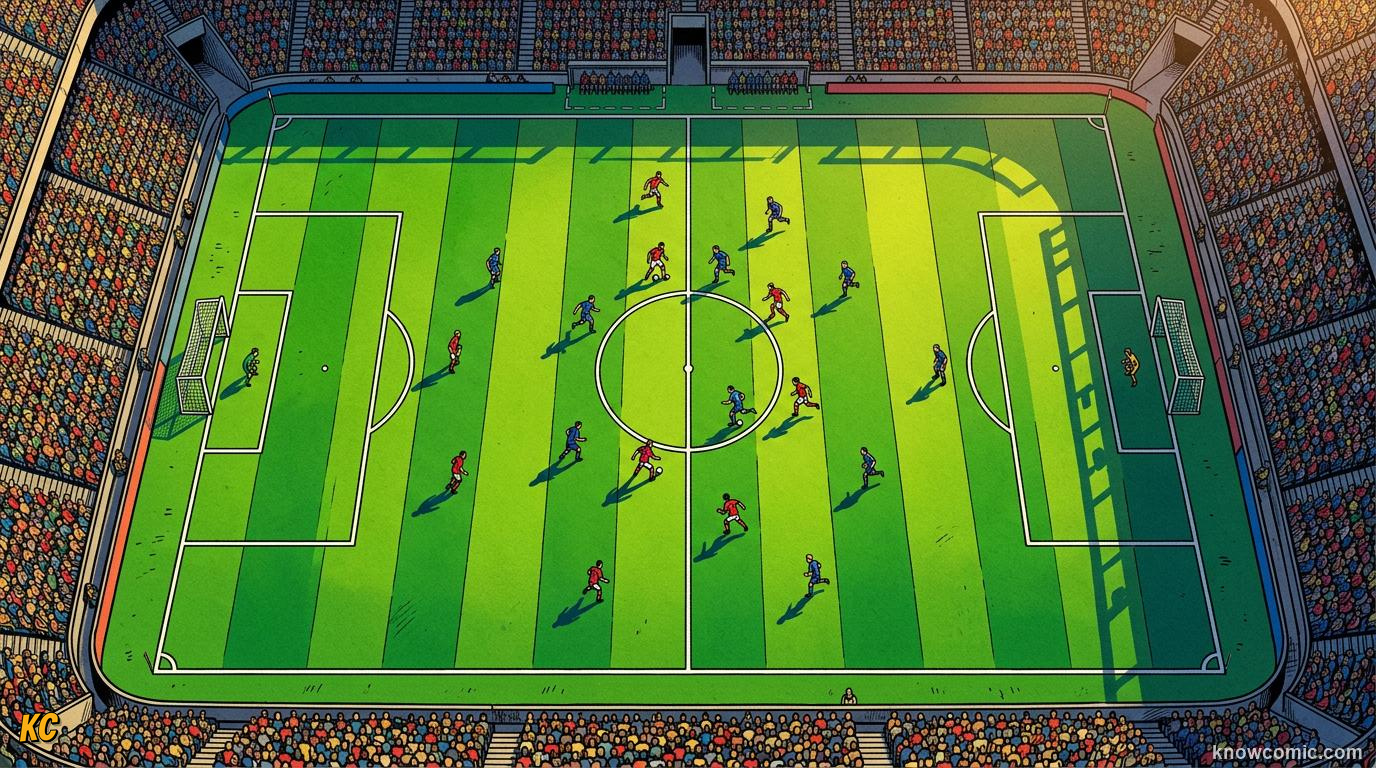 Comic panel titled welcome to the pitch, labelled the pitch, from the KnowComic World Cup 2026 lesson on football 101