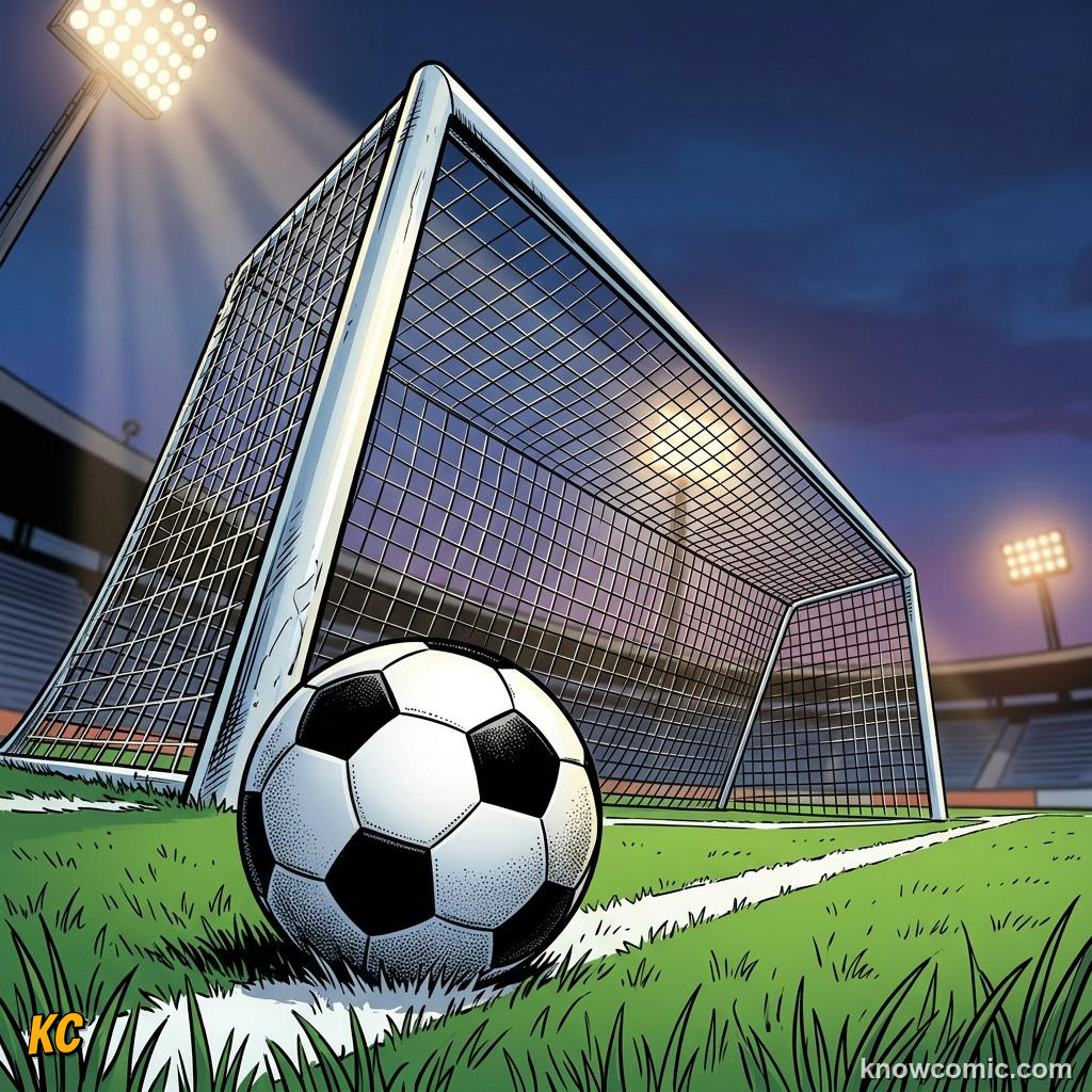 Comic panel titled what counts as a goal, labelled the goal, from the KnowComic World Cup 2026 lesson on football 101