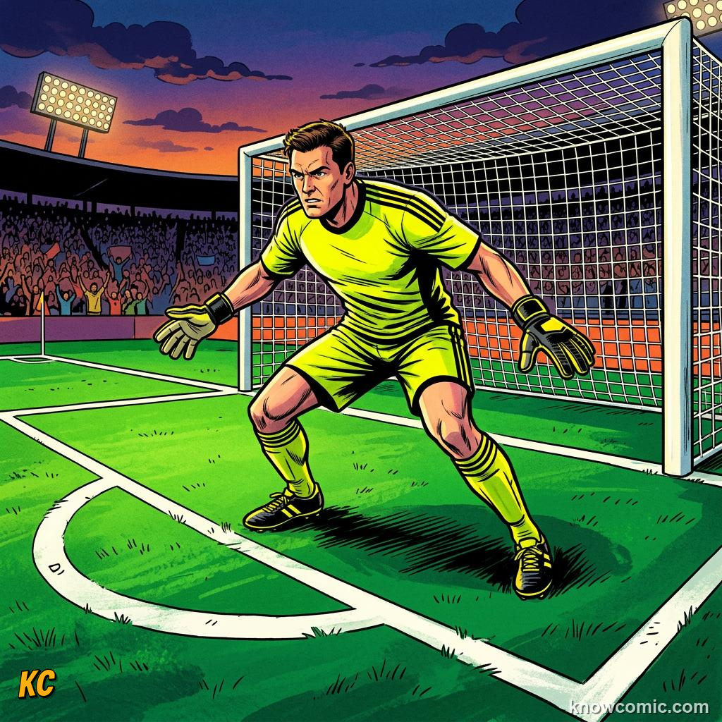 Comic panel titled what counts as a goal, labelled penalty area, from the KnowComic World Cup 2026 lesson on football 101