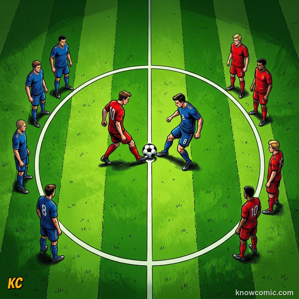 Comic panel titled what counts as a goal, labelled centre circle, from the KnowComic World Cup 2026 lesson on football 101