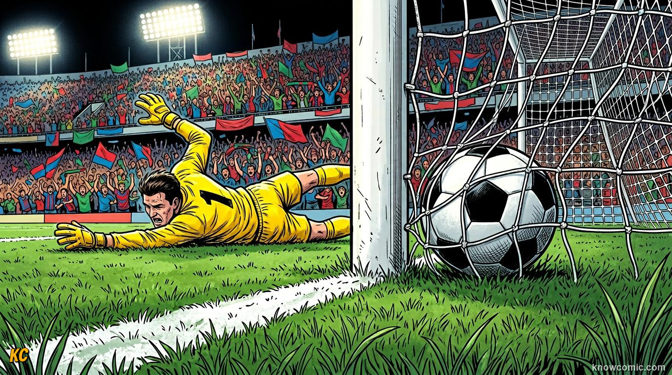 Comic panel titled what counts as a goal, labelled scoring, from the KnowComic World Cup 2026 lesson on football 101