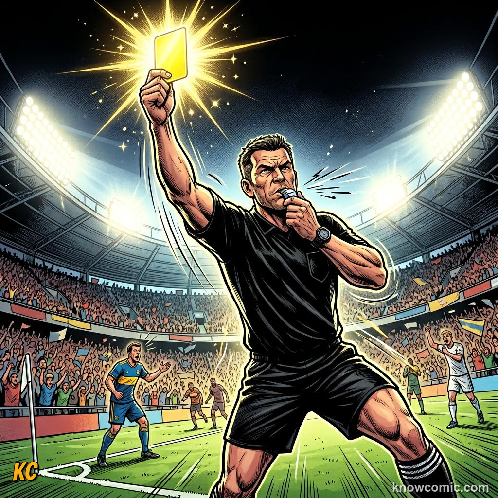 Comic panel titled what counts as a goal, labelled the referee, from the KnowComic World Cup 2026 lesson on football 101