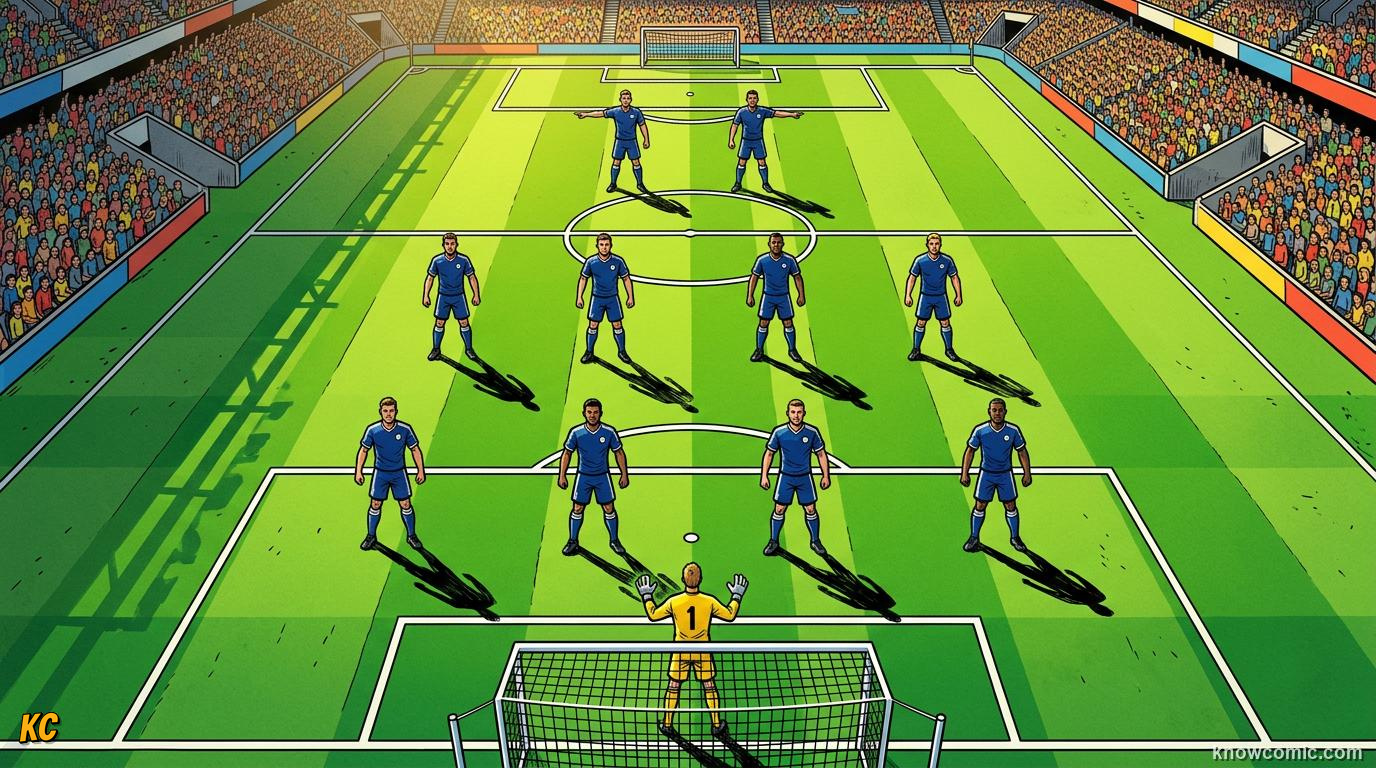 Comic panel titled every player has a job, labelled the players, from the KnowComic World Cup 2026 lesson on football 101