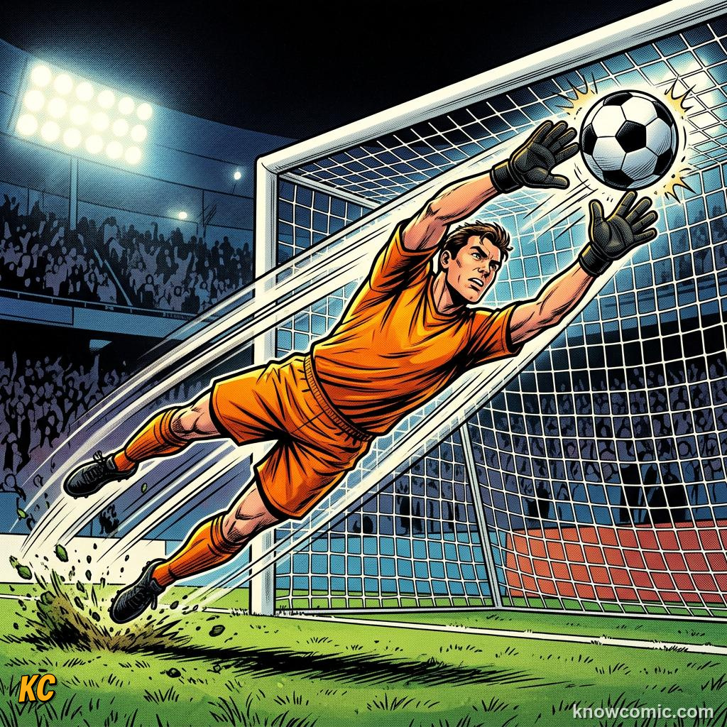 Comic panel titled a game for absolutely everyone, labelled goalkeeper, from the KnowComic World Cup 2026 lesson on football 101