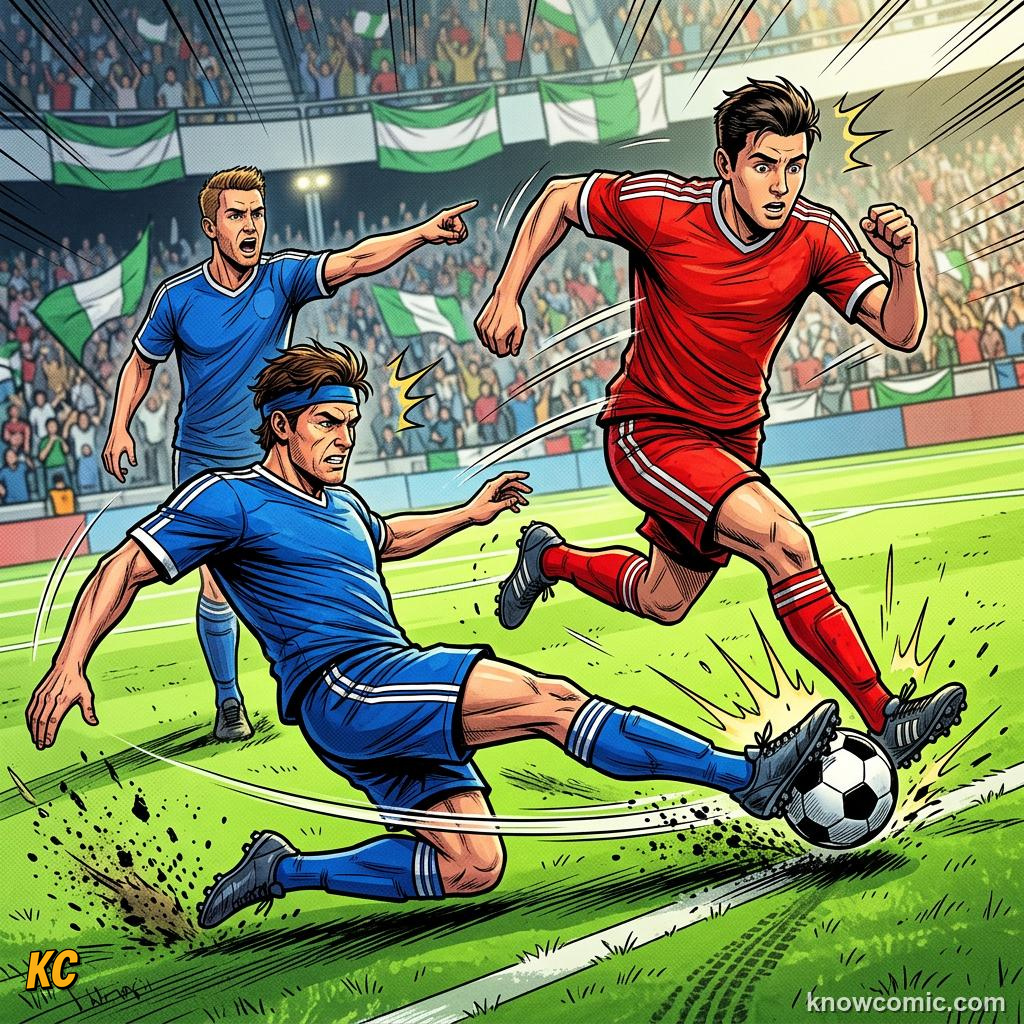 Comic panel titled a game for absolutely everyone, labelled defenders & midfield, from the KnowComic World Cup 2026 lesson on football 101