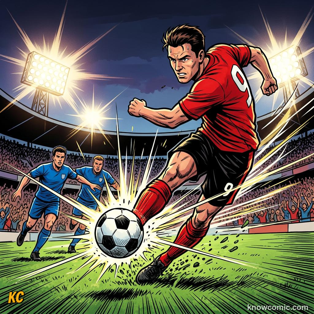 Comic panel titled a game for absolutely everyone, labelled strikers, from the KnowComic World Cup 2026 lesson on football 101