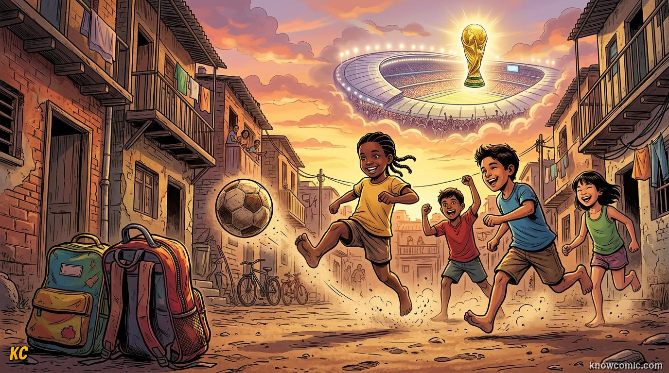 Comic panel titled a game for absolutely everyone, labelled why we love it, from the KnowComic World Cup 2026 lesson on football 101