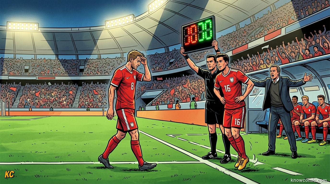 Comic panel titled what is a substitution, labelled swap time, from the KnowComic World Cup 2026 lesson on substitutions & the squad