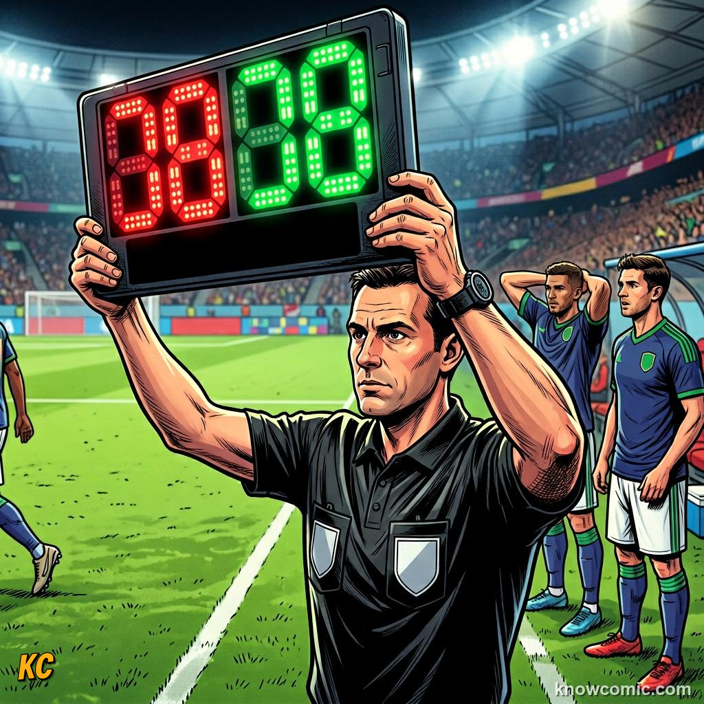 Comic panel titled who sits on the bench, labelled the board, from the KnowComic World Cup 2026 lesson on substitutions & the squad