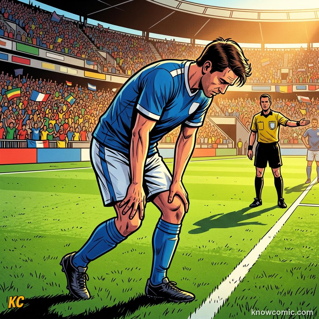 Comic panel titled who sits on the bench, labelled player off, from the KnowComic World Cup 2026 lesson on substitutions & the squad