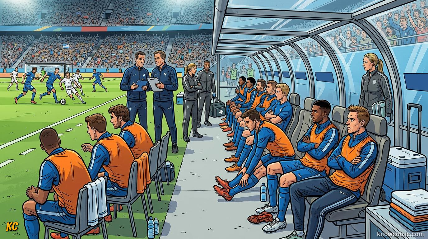 Comic panel titled who sits on the bench, labelled the full squad, from the KnowComic World Cup 2026 lesson on substitutions & the squad