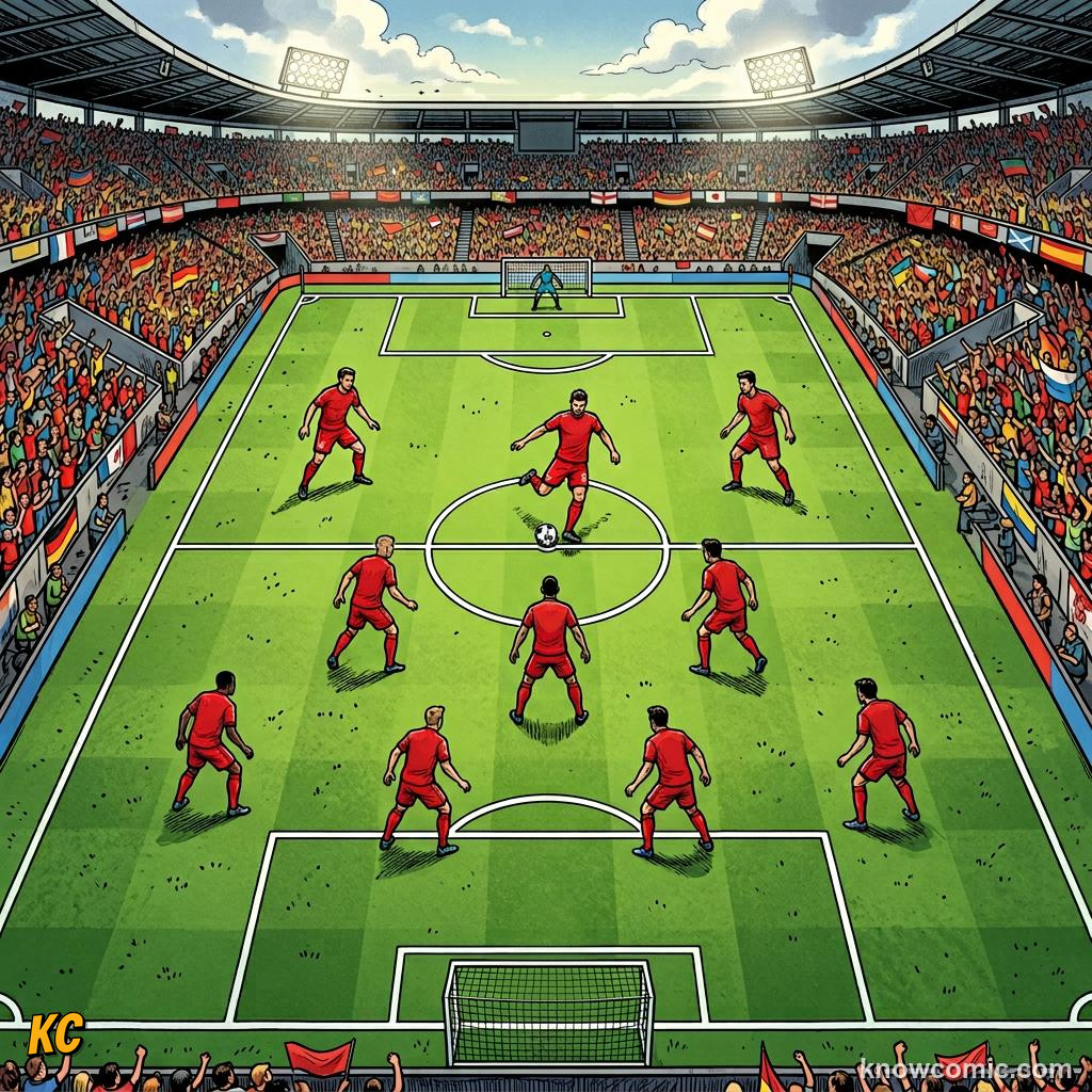 Comic panel titled the substitution process, labelled starting xi, from the KnowComic World Cup 2026 lesson on substitutions & the squad