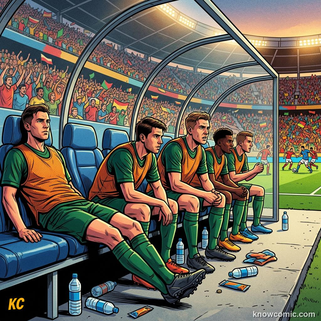 Comic panel titled the substitution process, labelled the bench, from the KnowComic World Cup 2026 lesson on substitutions & the squad