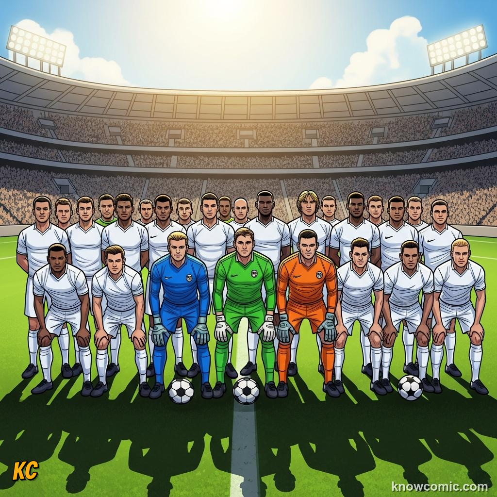 Comic panel titled the substitution process, labelled 26 players, from the KnowComic World Cup 2026 lesson on substitutions & the squad