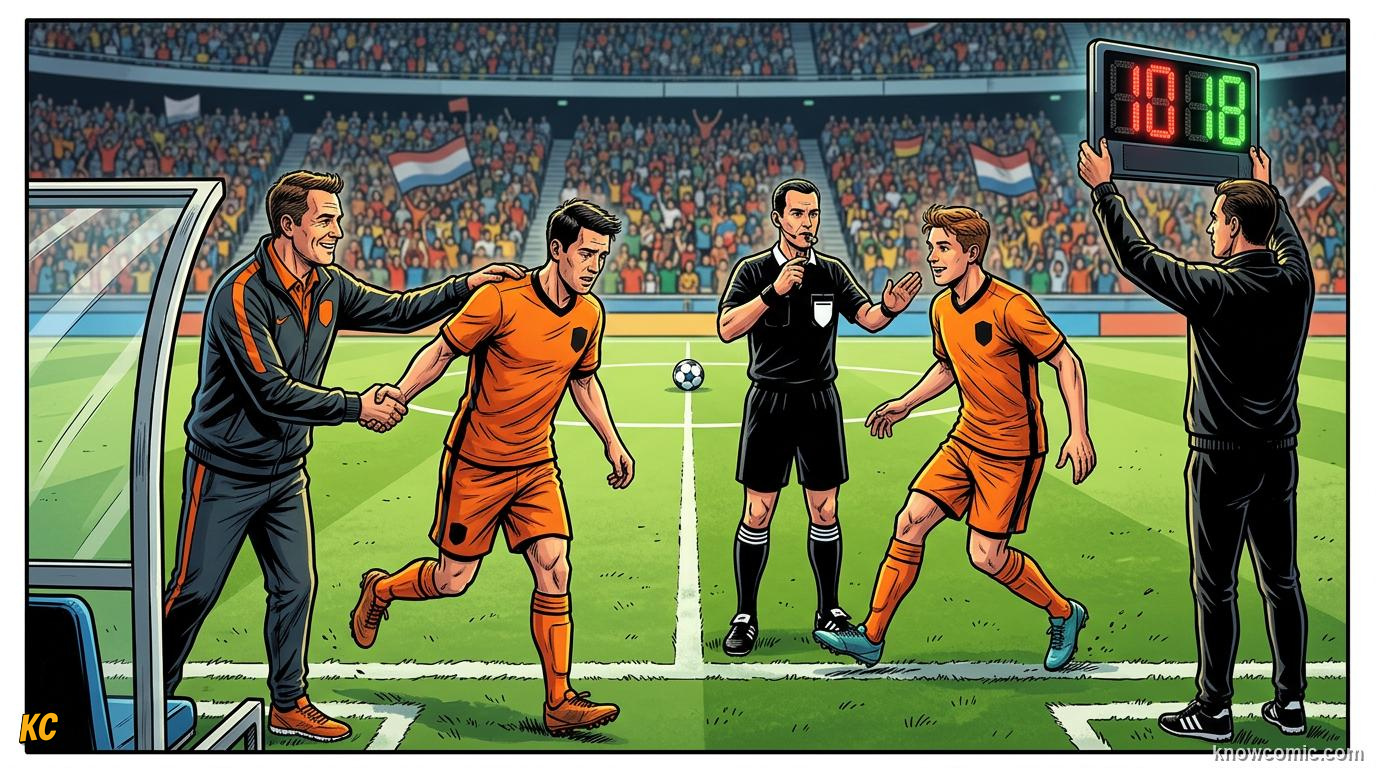 Comic panel titled the substitution process, labelled how it works, from the KnowComic World Cup 2026 lesson on substitutions & the squad
