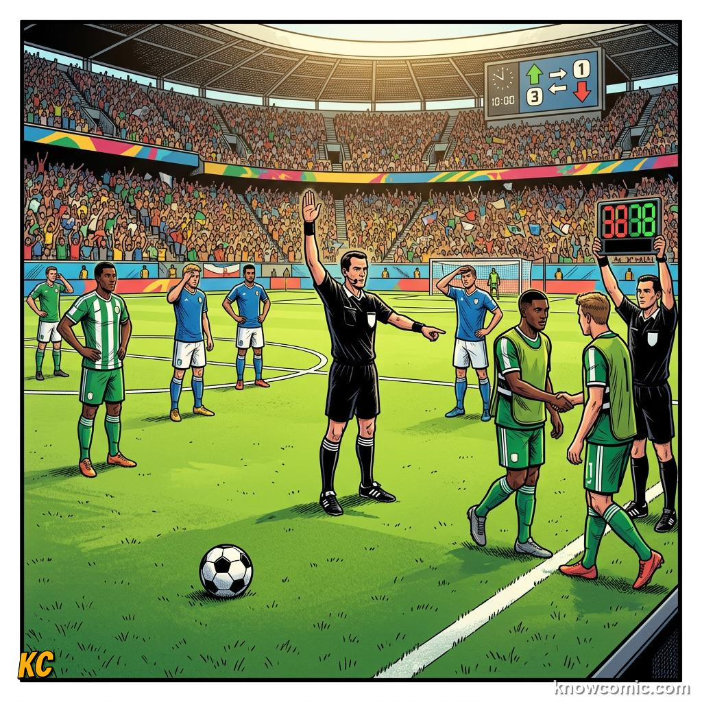 Comic panel titled the substitution process, labelled stoppage, from the KnowComic World Cup 2026 lesson on substitutions & the squad