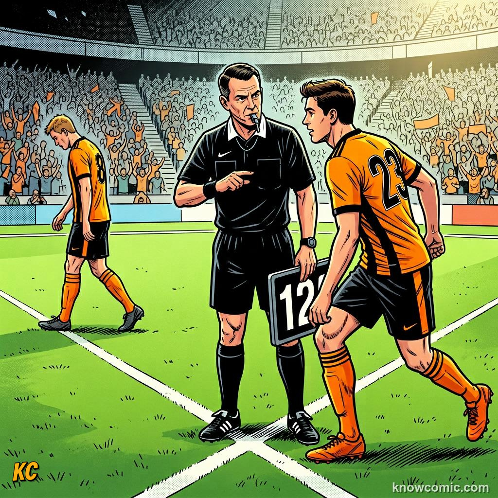 Comic panel titled the substitution process, labelled ref check, from the KnowComic World Cup 2026 lesson on substitutions & the squad
