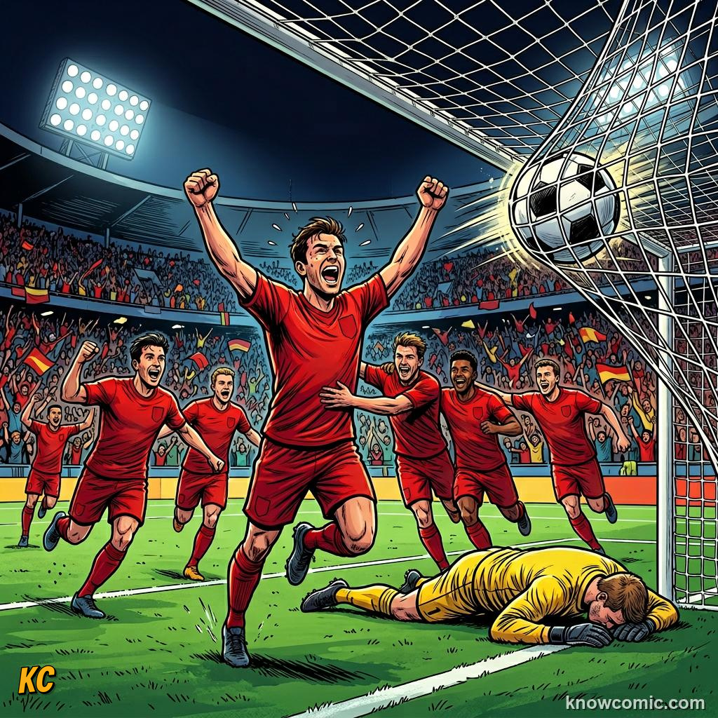 Comic panel titled substitution rules today, labelled late goal, from the KnowComic World Cup 2026 lesson on substitutions & the squad