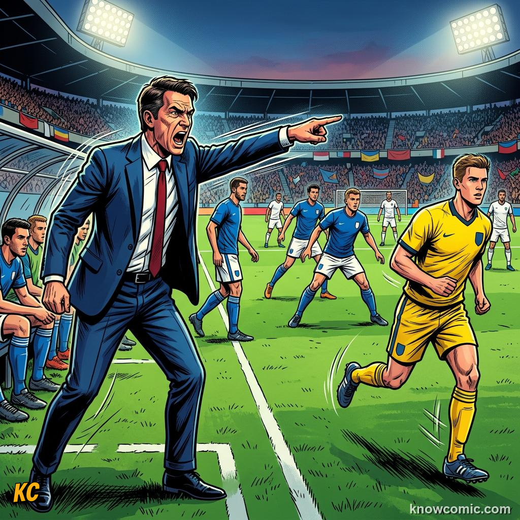 Comic panel titled substitution rules today, labelled tactic shift, from the KnowComic World Cup 2026 lesson on substitutions & the squad