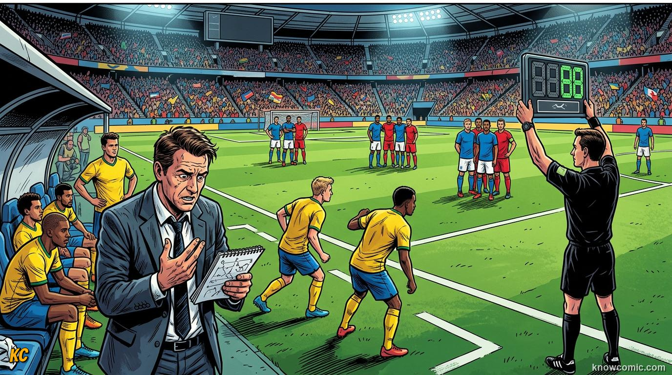 Comic panel titled substitution rules today, labelled the limits, from the KnowComic World Cup 2026 lesson on substitutions & the squad