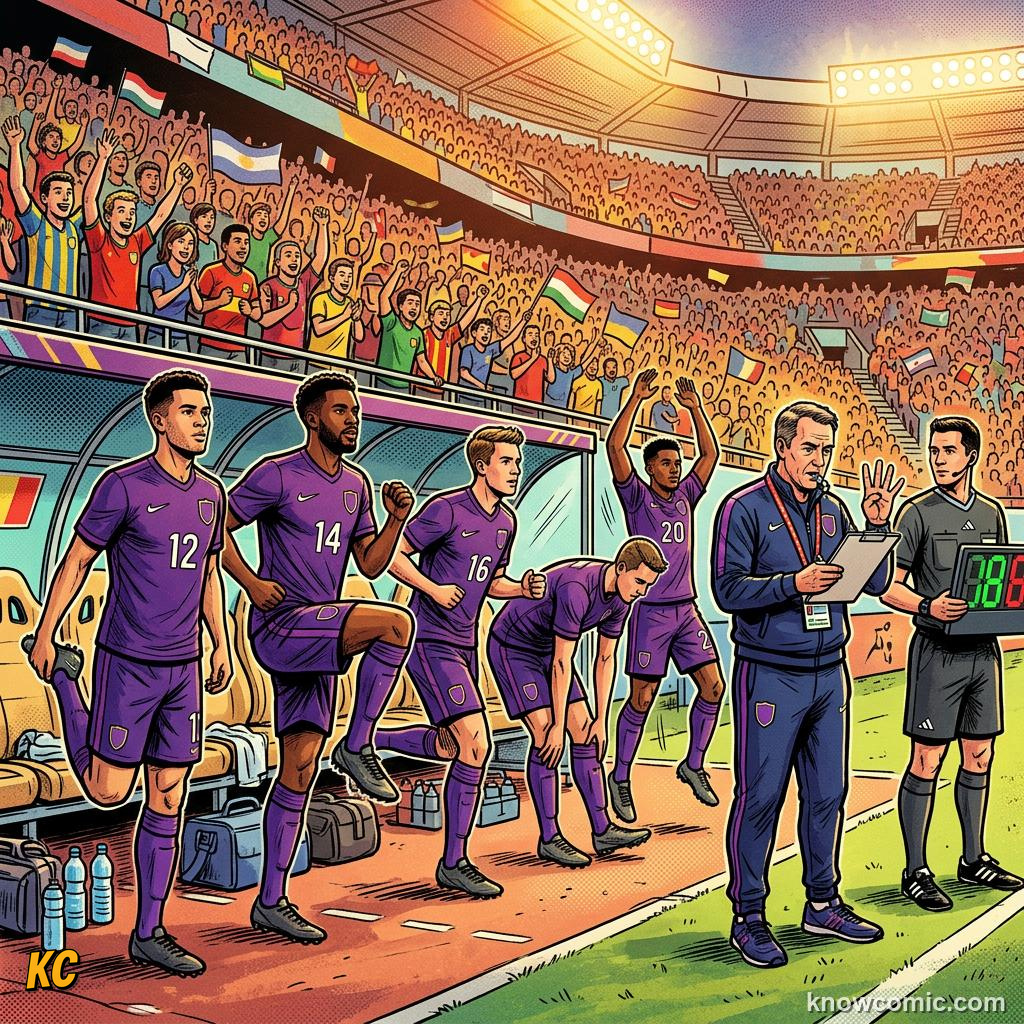 Comic panel labelled five subs, illustrating substitutions & the squad in KnowComic's World Cup 2026 series