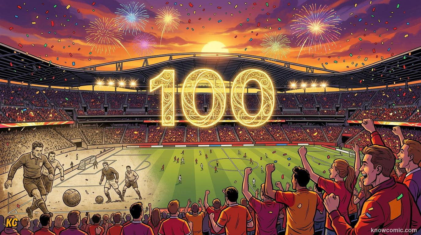 Comic panel titled celebrating a full century of football's biggest party, labelled 2030 the centenary world cup, from the KnowComic World Cup 2026 lesson on world cup 2030 & the f