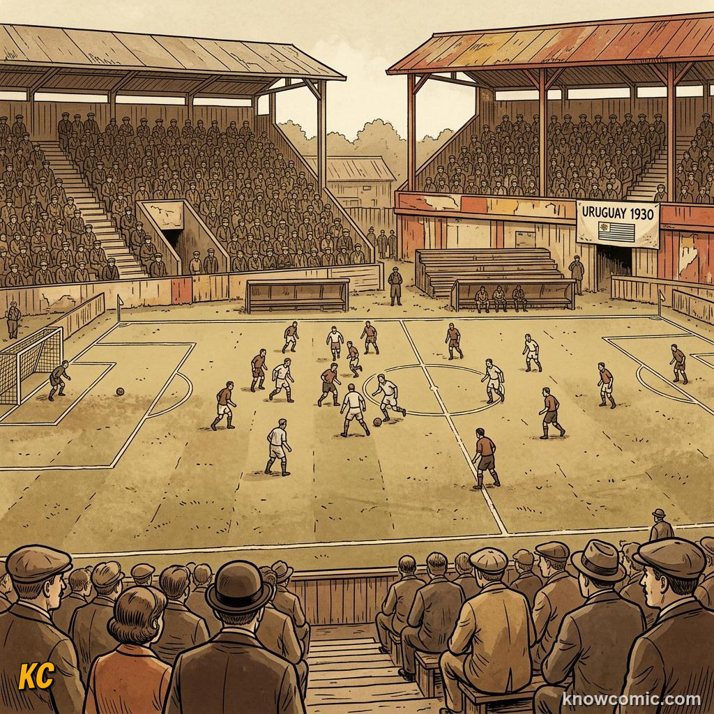 Comic panel titled a world cup that truly spans the world, labelled 1930 origins, from the KnowComic World Cup 2026 lesson on world cup 2030 & the future