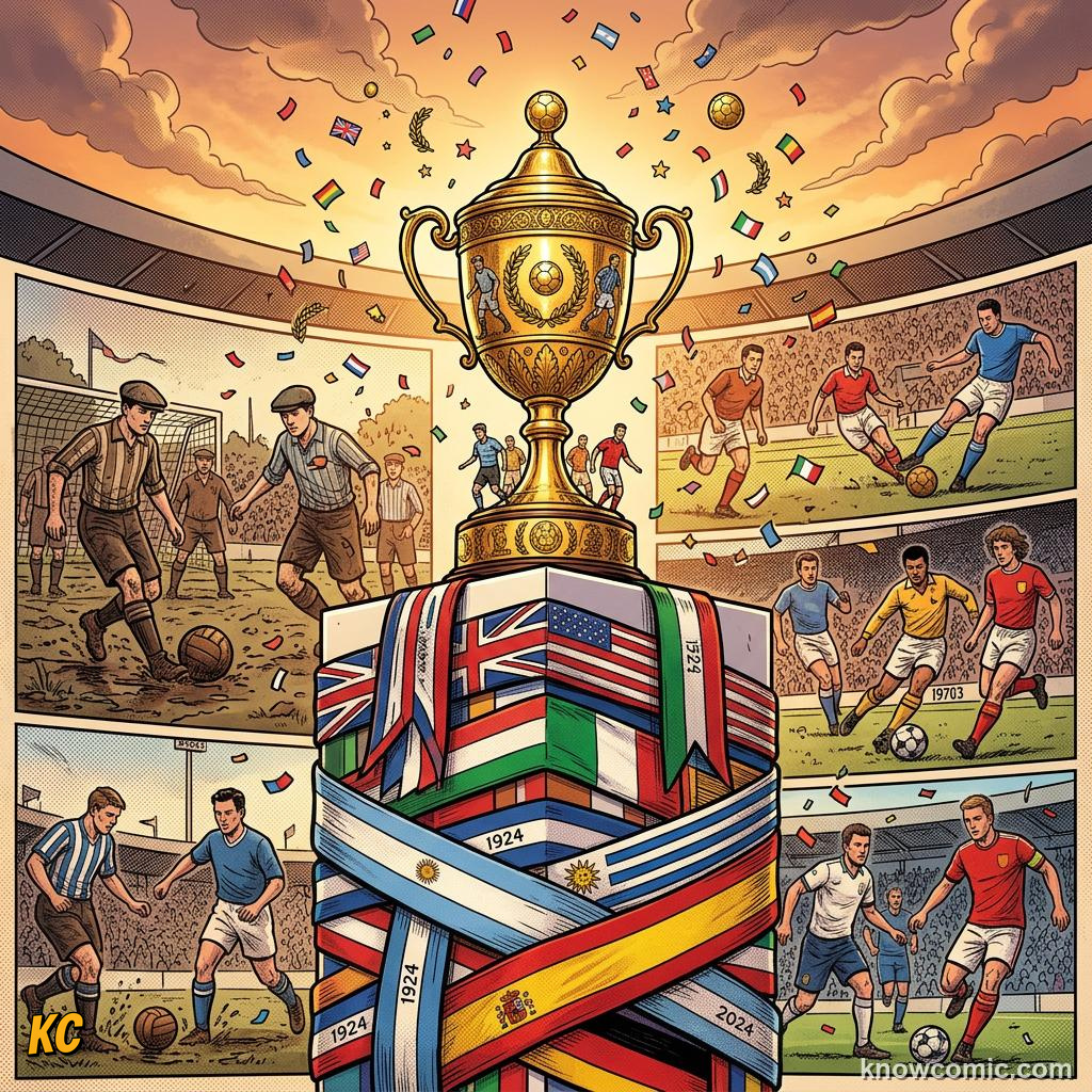 Comic panel titled a world cup that truly spans the world, labelled a special tribute, from the KnowComic World Cup 2026 lesson on world cup 2030 & the future