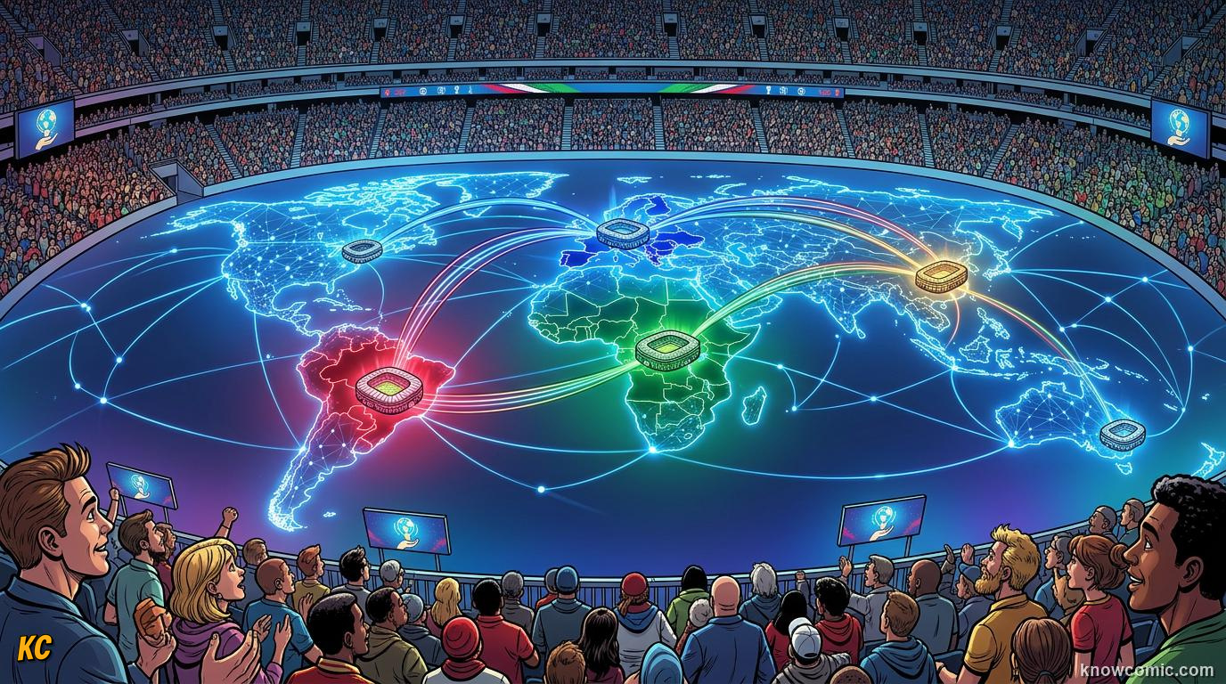 Comic panel titled a world cup that truly spans the world, labelled the biggest hosting plan ever, from the KnowComic World Cup 2026 lesson on world cup 2030 & the future