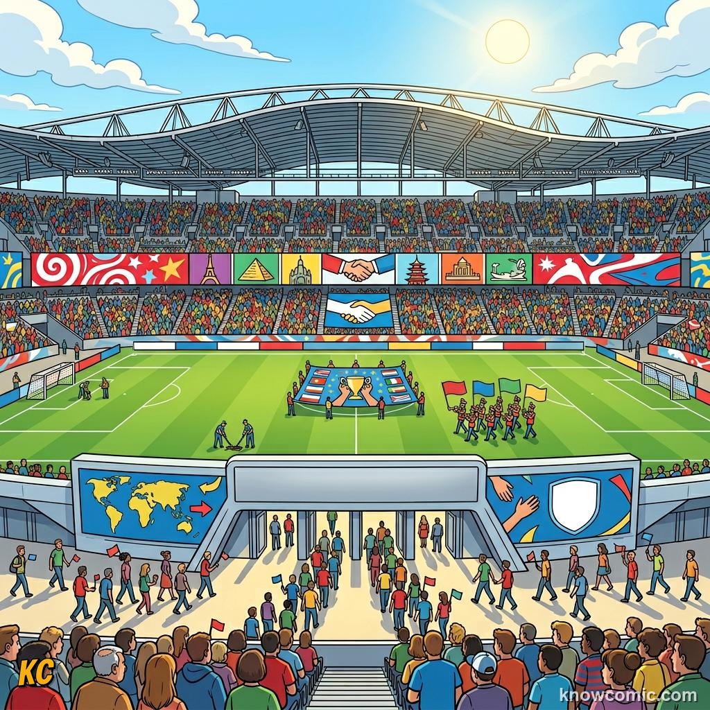 Comic panel titled the ball and the pitch are getting smarter, labelled europe, from the KnowComic World Cup 2026 lesson on world cup 2030 & the future