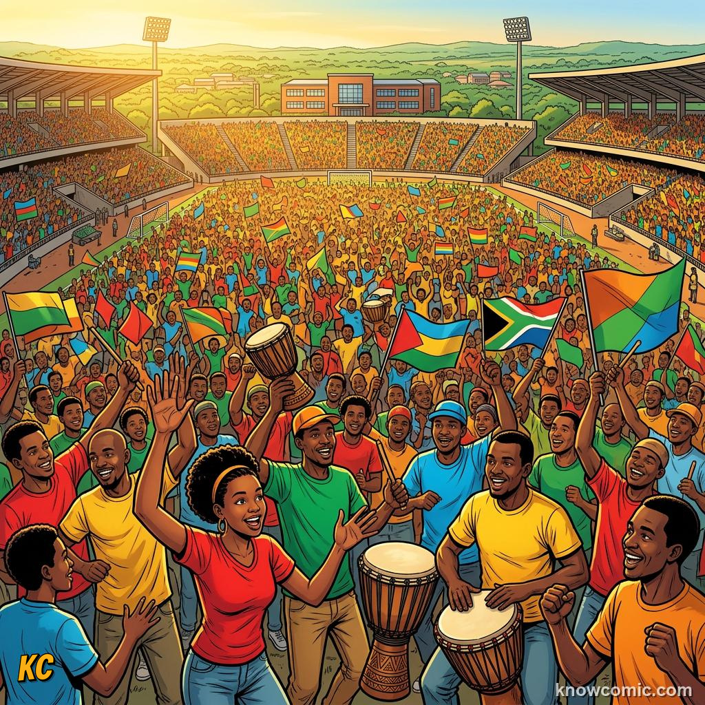Comic panel titled the ball and the pitch are getting smarter, labelled africa, from the KnowComic World Cup 2026 lesson on world cup 2030 & the future