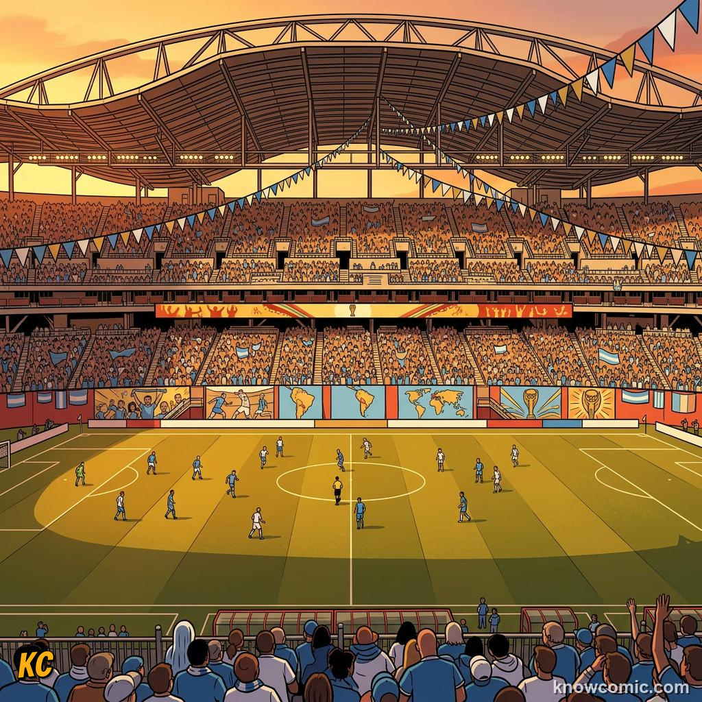 Comic panel titled the ball and the pitch are getting smarter, labelled south america, from the KnowComic World Cup 2026 lesson on world cup 2030 & the future