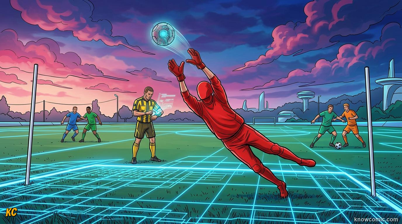 Comic panel titled the ball and the pitch are getting smarter, labelled football meets the future, from the KnowComic World Cup 2026 lesson on world cup 2030 & the future